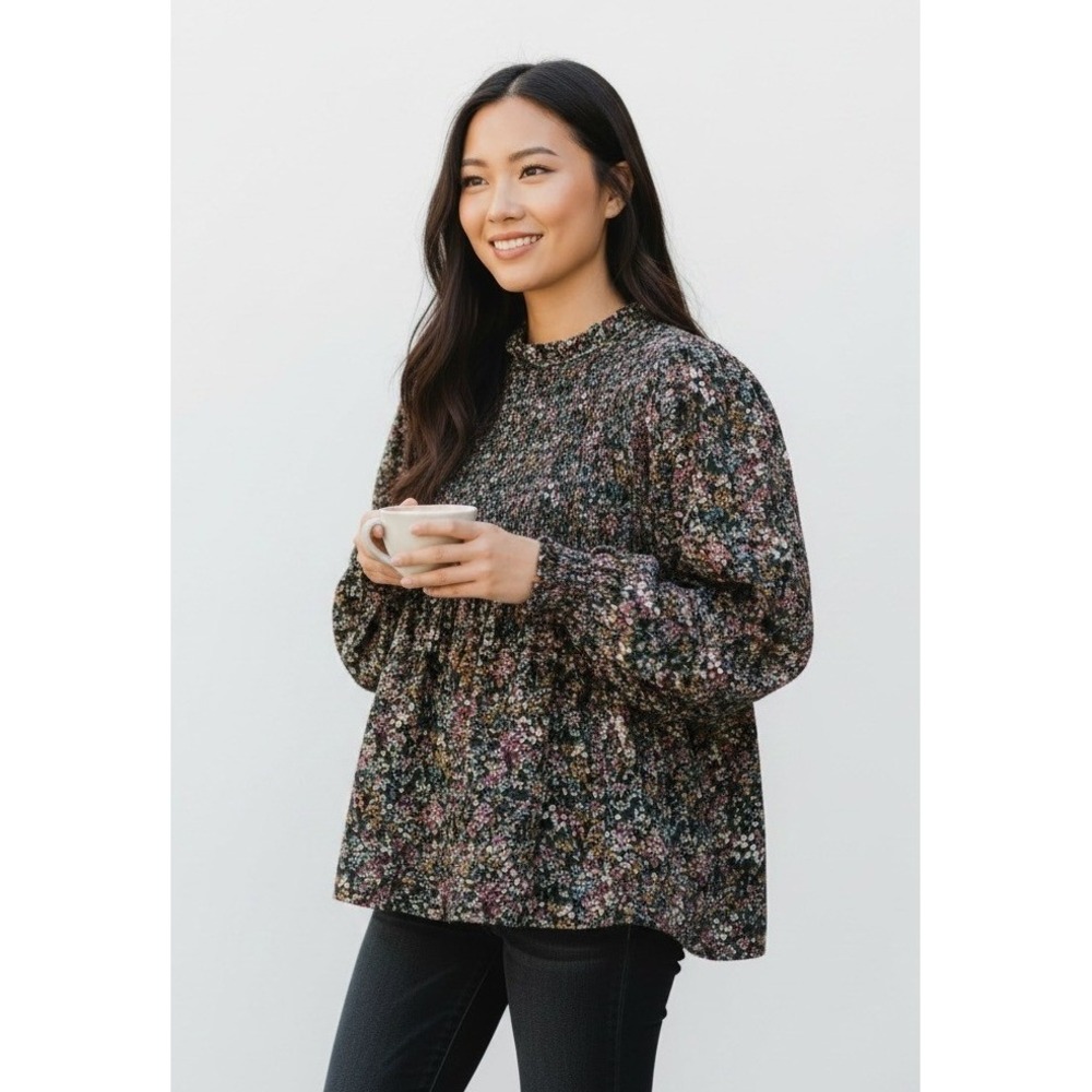 Boho Floral Smocked Blouse Womens‎ XS Cottagecore Peasant Top Ruffle Long Sleeve